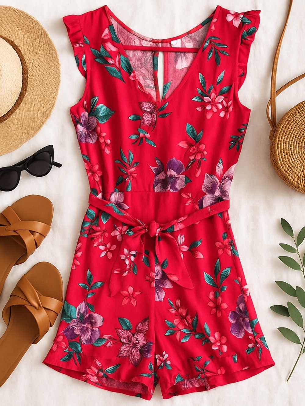 Old Navy Red Floral Sleeveless Romper Size Medium Tall NWT